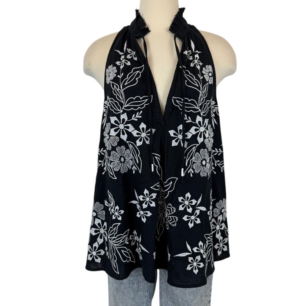 Anthropologie Pilcro The Tavi Blouse Embroidered Linen Cotton Black XL NWT